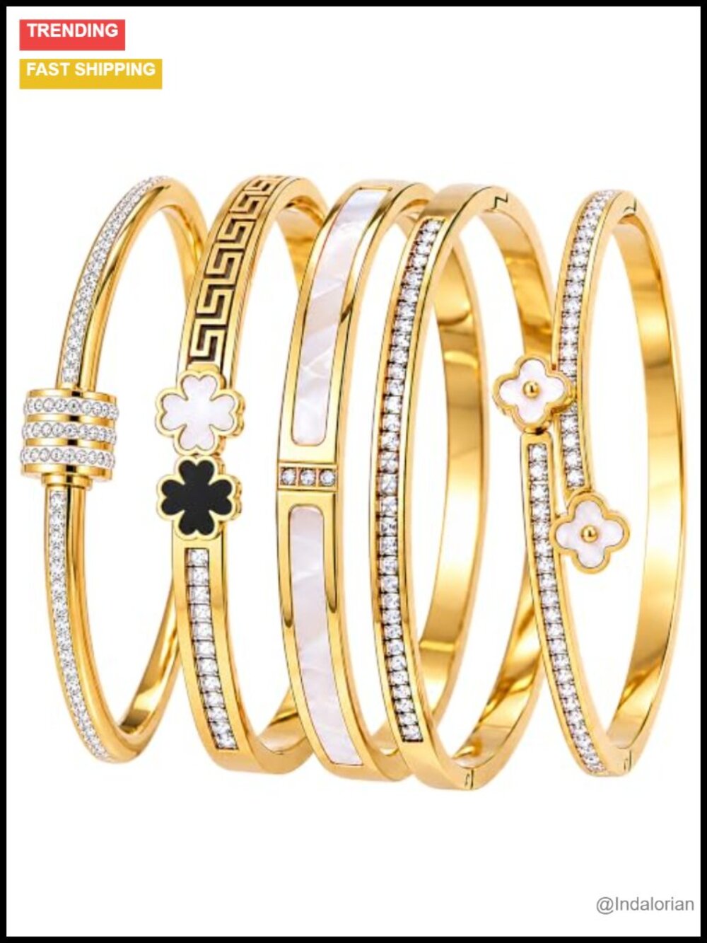 18K Gold-Plated Stainless Steel Bangle Bracelet Set 5 Pieces Stackable